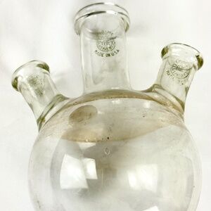 1960s Pyrex Lab Glass 7 inch High Round Bottom Flask with 3 Necks Vase Excellent